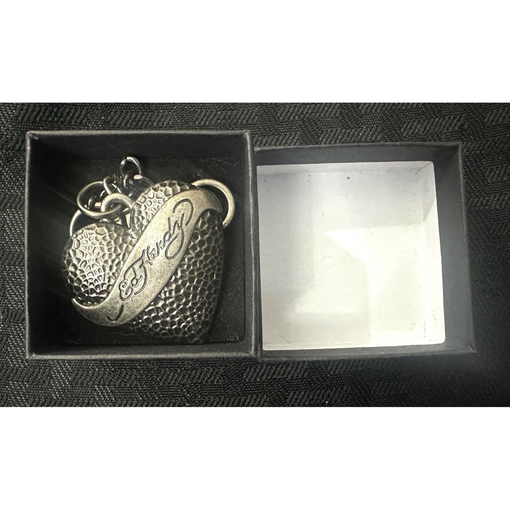 Ed Hardy Heart Bag Charm Keychain Silver Y2K Tattoo Core Gift Box NWOT
